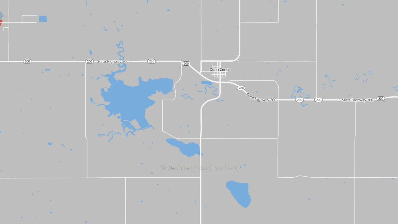 Walk Grade map of Dunn Center, ND, walkable areas in green and car-dependent areas in red