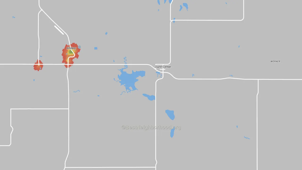 Walk Grade map of Dunn County, ND, walkable areas in green and car-dependent areas in red