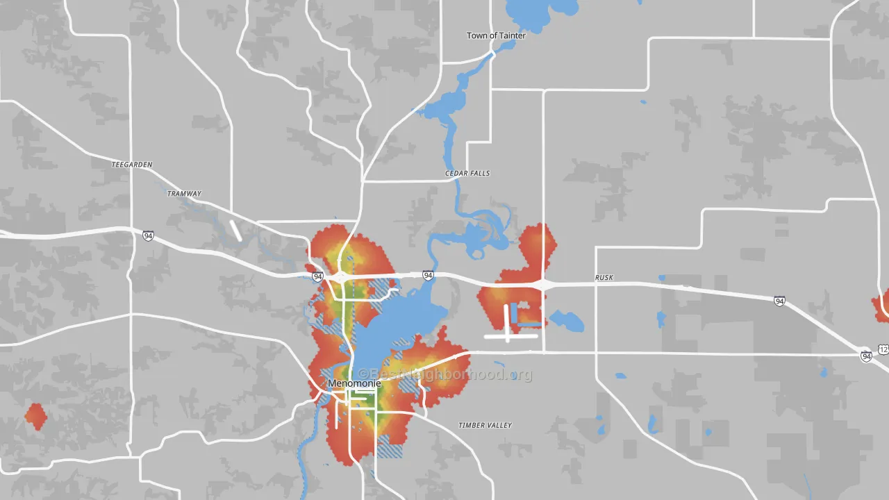Walk Grade map of Dunn County, WI, walkable areas in green and car-dependent areas in red
