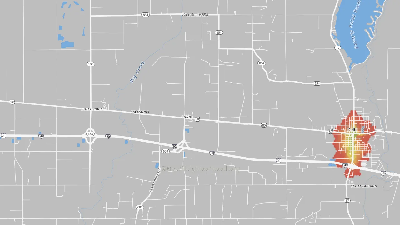 Walk Grade map of Dunn, LA, walkable areas in green and car-dependent areas in red