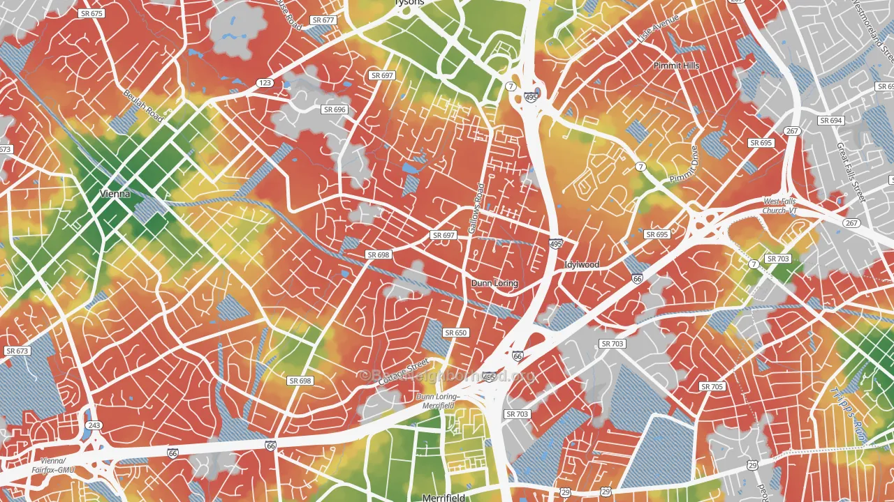 Walk Grade map of Dunn Loring, VA, walkable areas in green and car-dependent areas in red