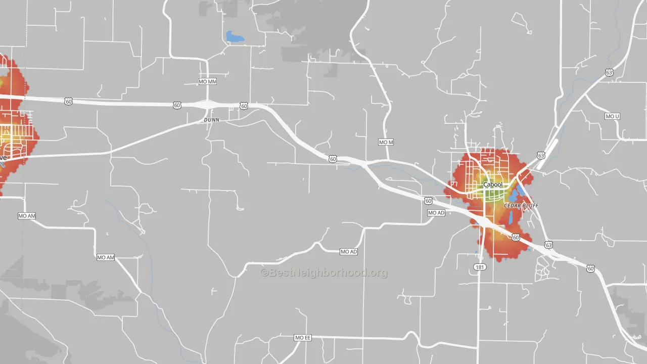Walk Grade map of Dunn, MO, walkable areas in green and car-dependent areas in red