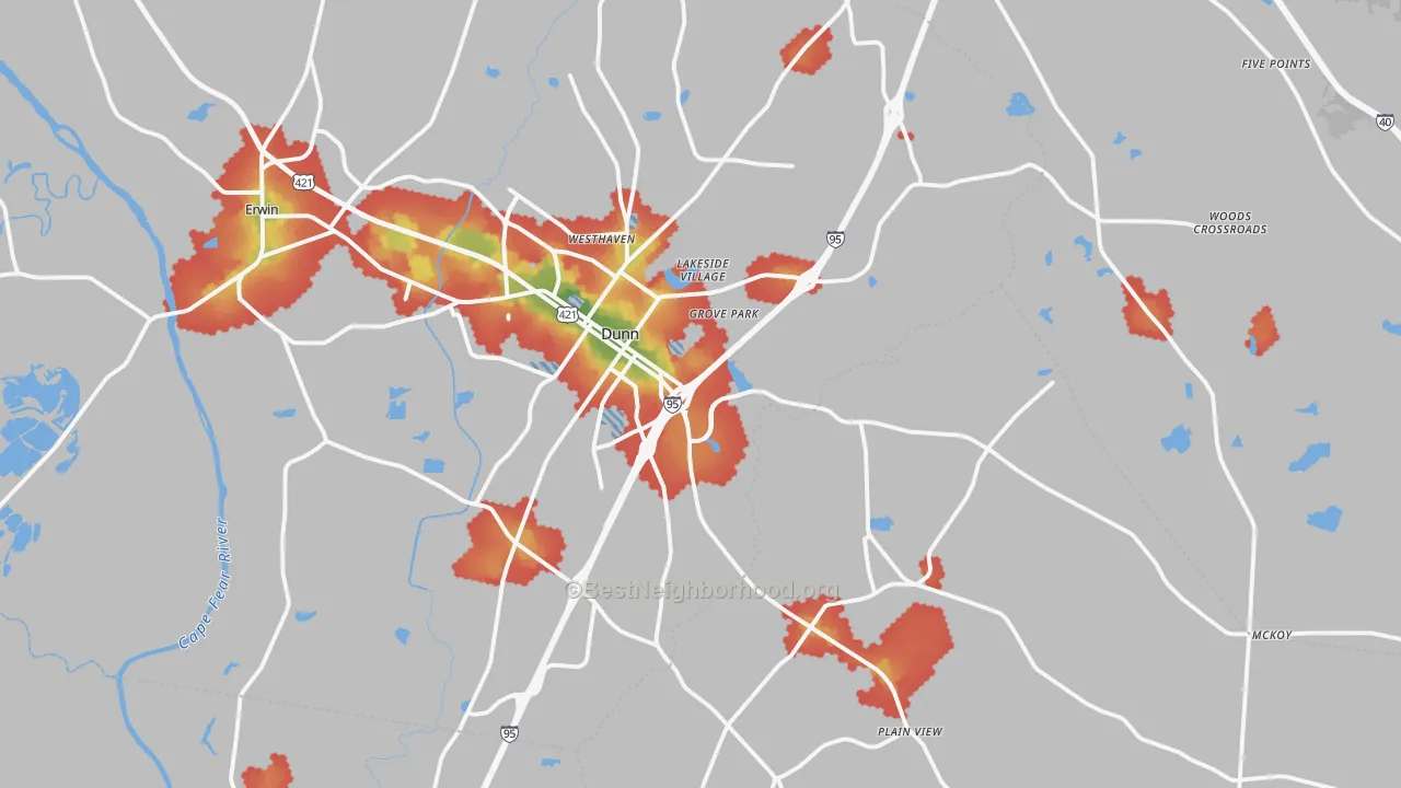 Walk Grade map of Dunn, NC, walkable areas in green and car-dependent areas in red