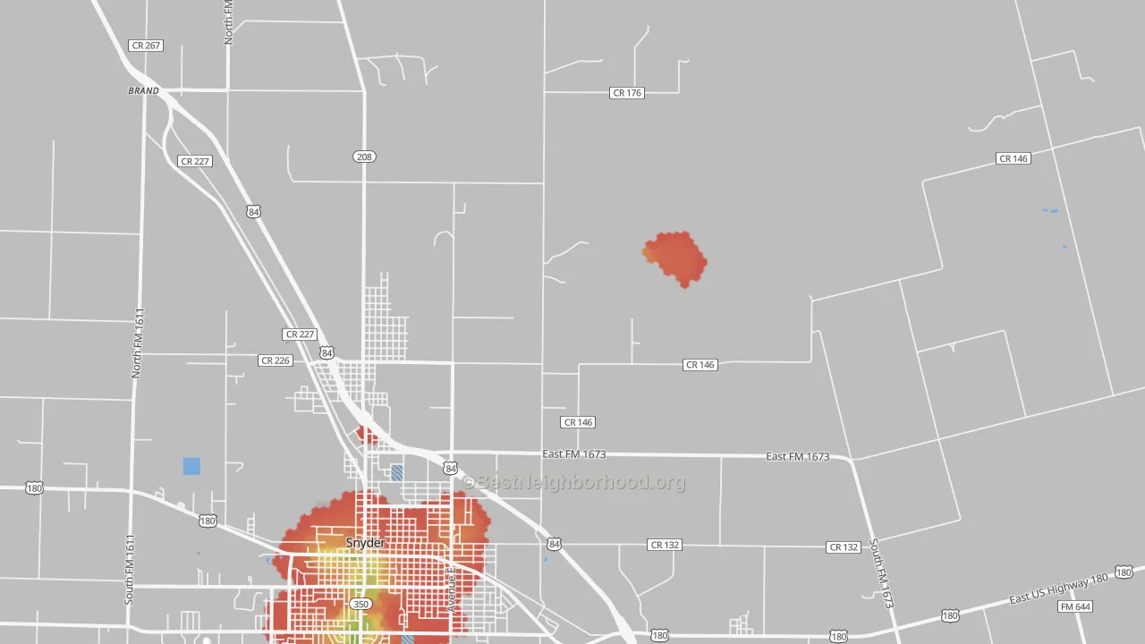 Walk Grade map of Dunn, TX, walkable areas in green and car-dependent areas in red