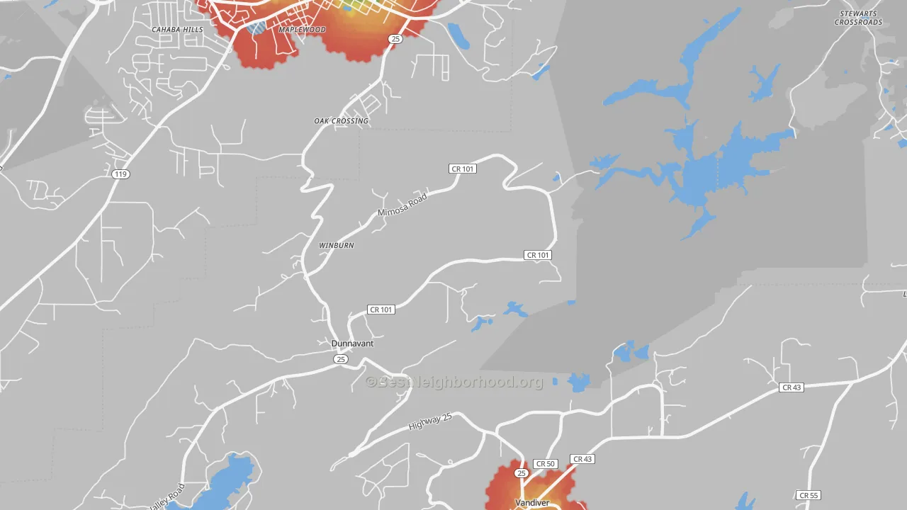 Walk Grade map of Dunnavant, AL, walkable areas in green and car-dependent areas in red