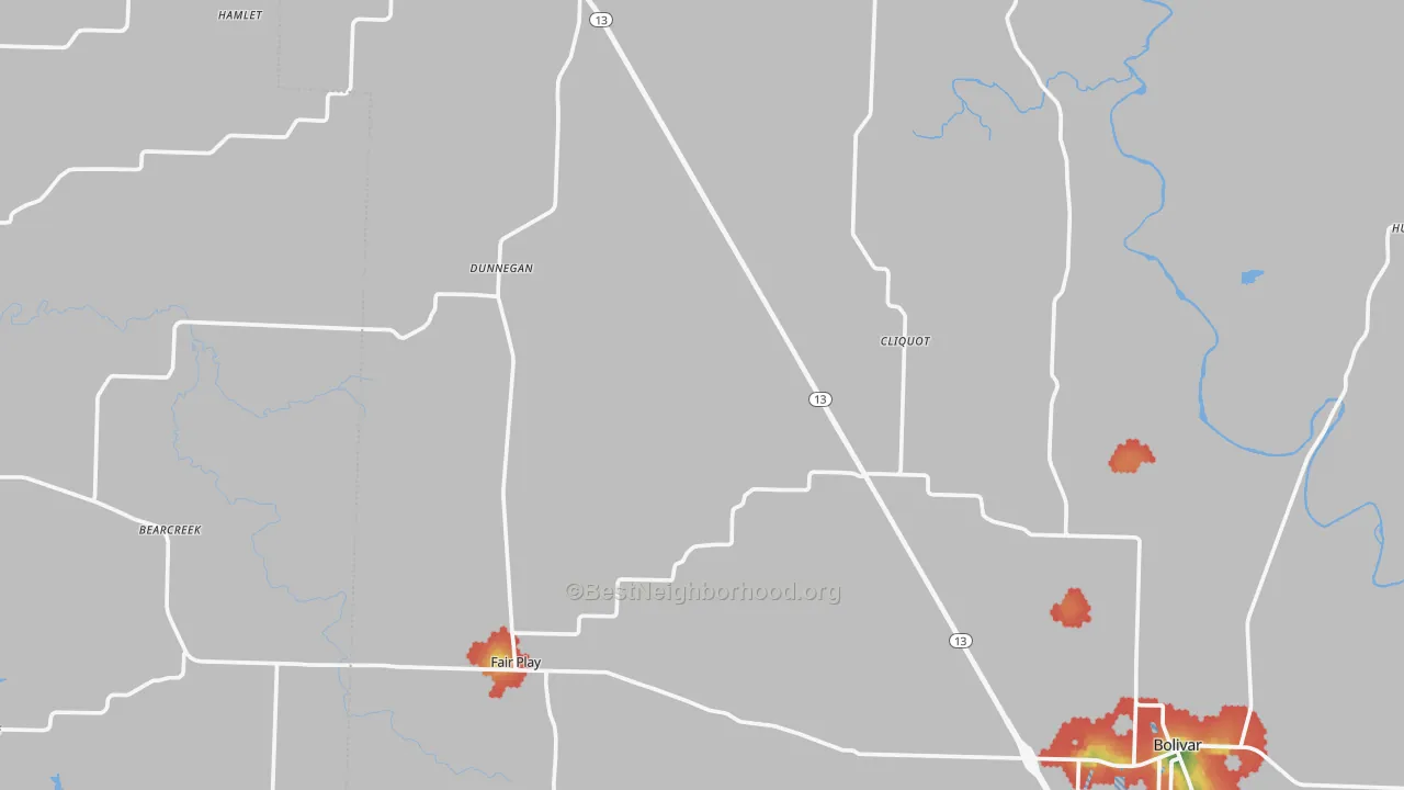 Walk Grade map of Dunnegan, MO, walkable areas in green and car-dependent areas in red