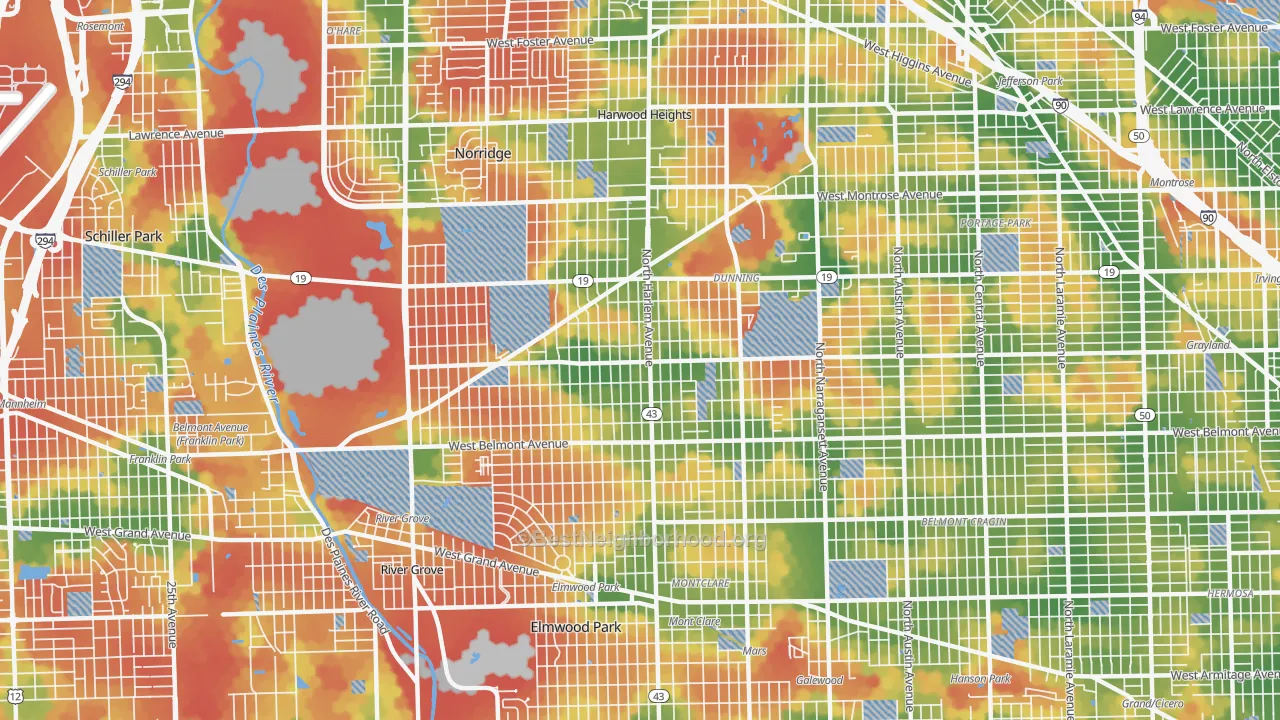 Walk Grade map of Dunning, Chicago, IL, walkable areas in green and car-dependent areas in red