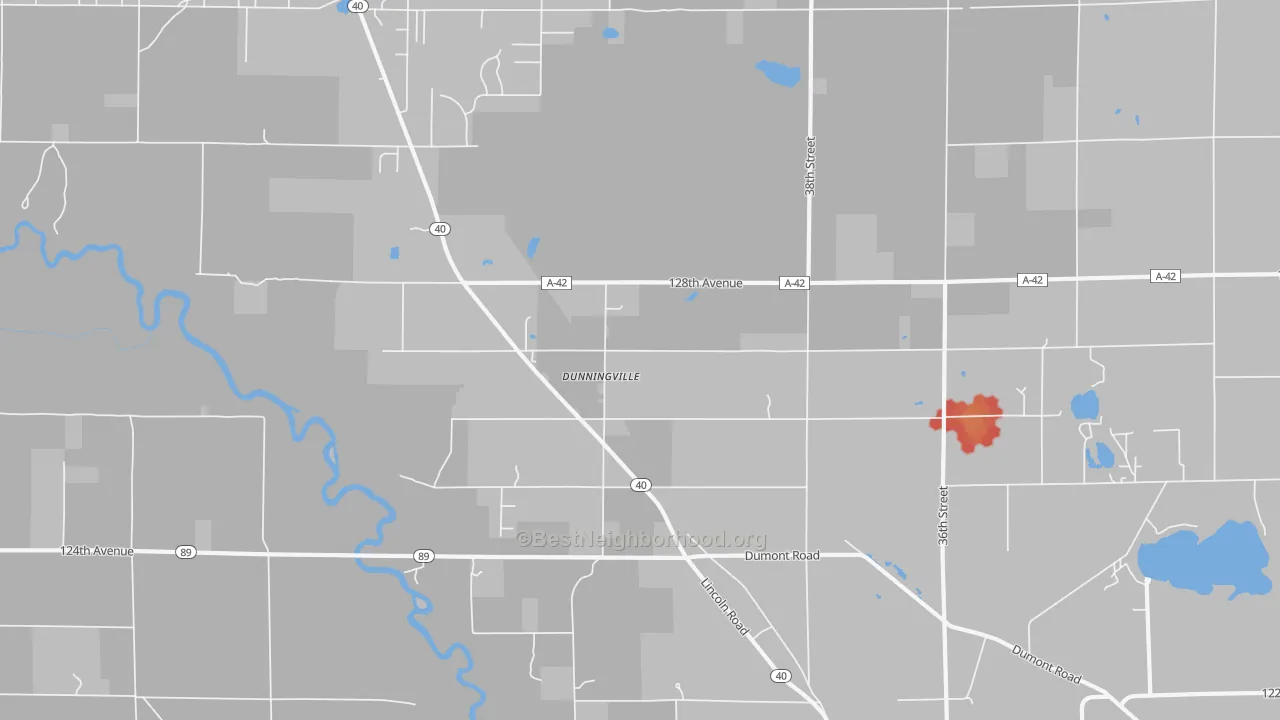 Walk Grade map of Dunningville, MI, walkable areas in green and car-dependent areas in red