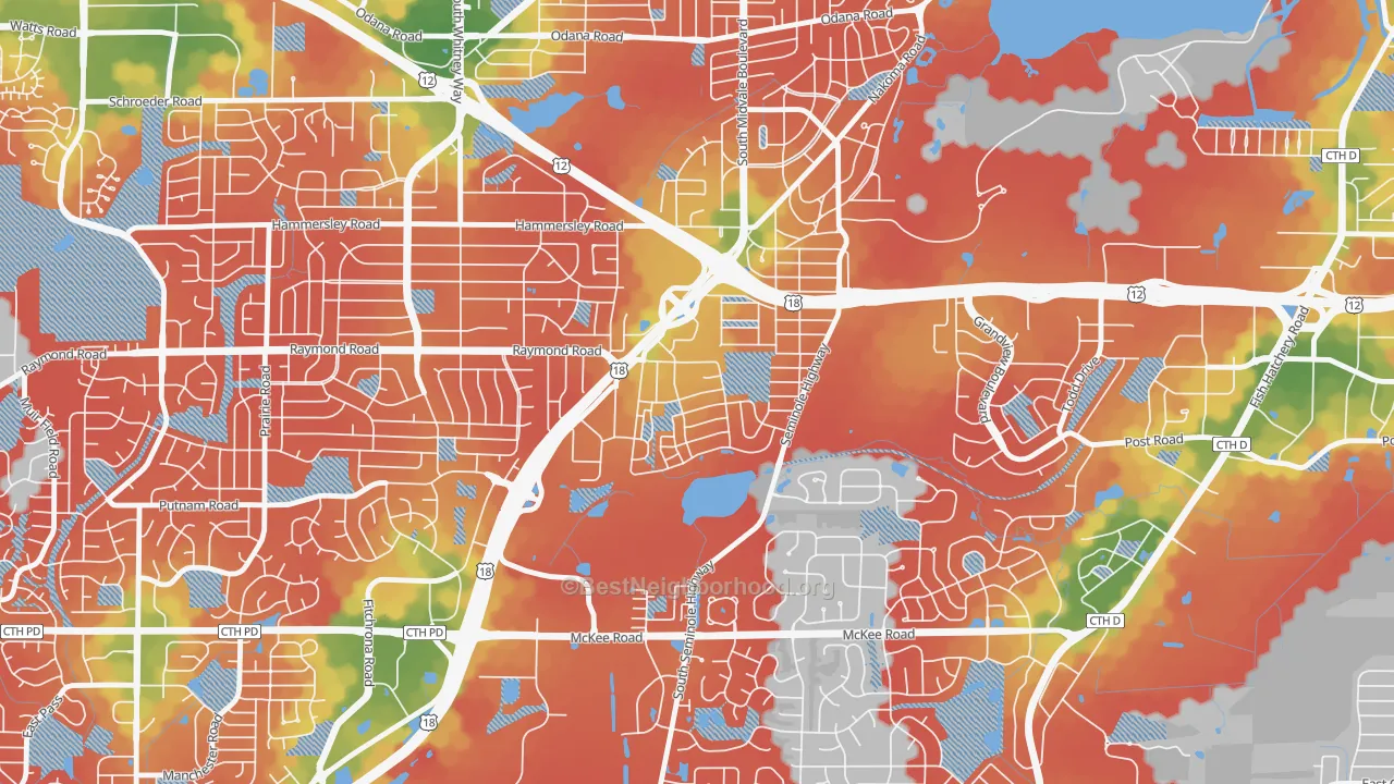 Walk Grade map of Dunn's Marsh, Madison, WI, walkable areas in green and car-dependent areas in red