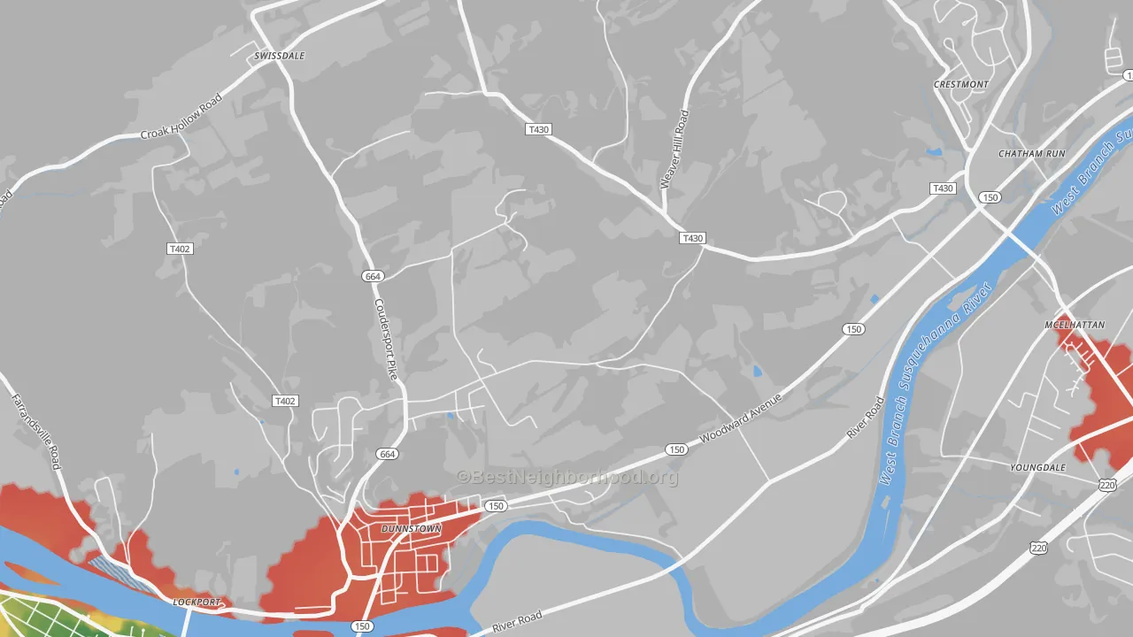 Walk Grade map of Dunnstown, PA, walkable areas in green and car-dependent areas in red