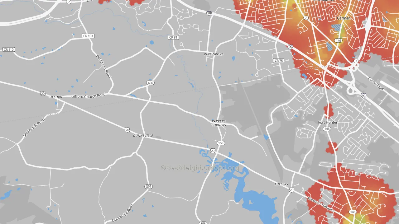 Walk Grade map of Dunnsville, NY, walkable areas in green and car-dependent areas in red