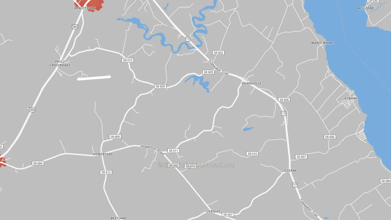 Walk Grade map of Dunnsville, VA, walkable areas in green and car-dependent areas in red