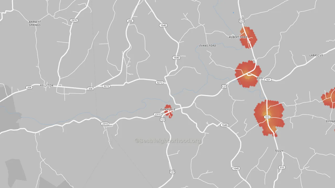 Walk Grade map of Dunnville, KY, walkable areas in green and car-dependent areas in red