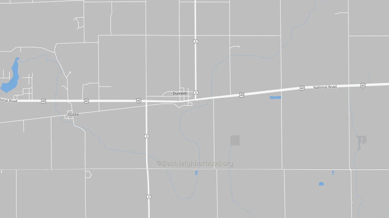 Walk Grade map of Dunreith, IN, walkable areas in green and car-dependent areas in red