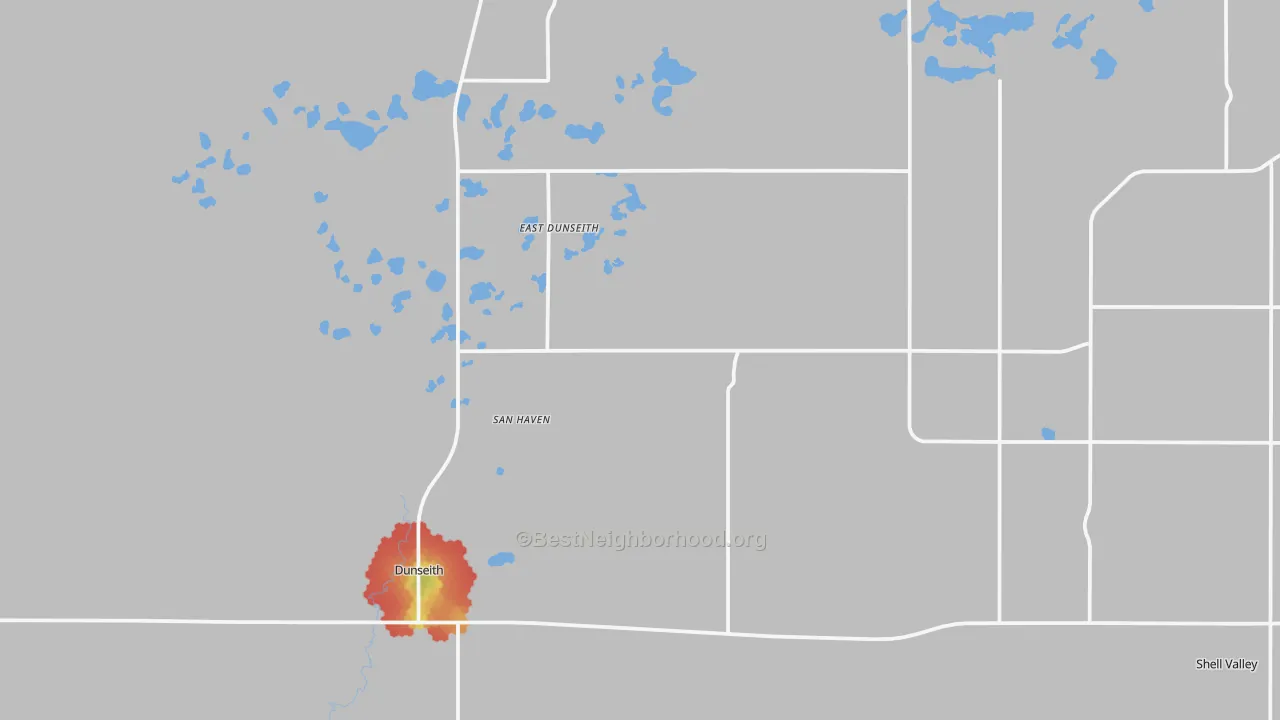 Walk Grade map of Dunseith, ND, walkable areas in green and car-dependent areas in red