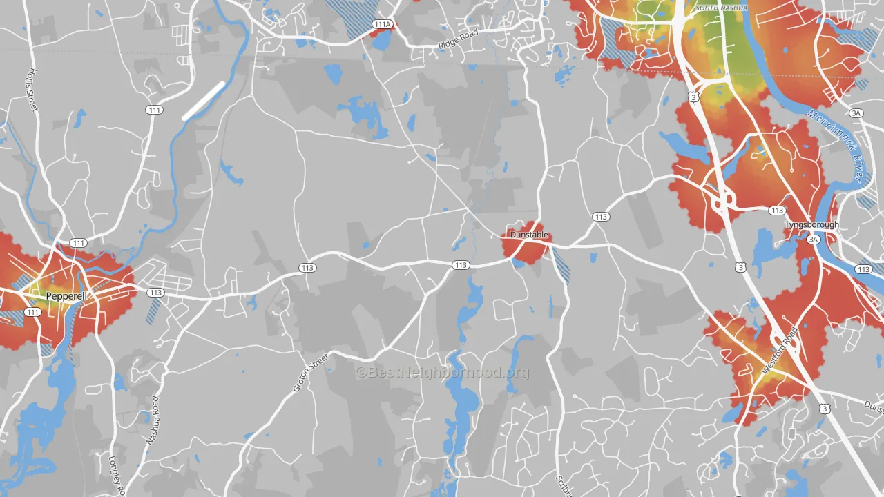 Walk Grade map of Dunstable, MA, walkable areas in green and car-dependent areas in red