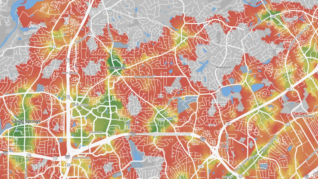 Walk Grade map of Dunwoody, GA, walkable areas in green and car-dependent areas in red