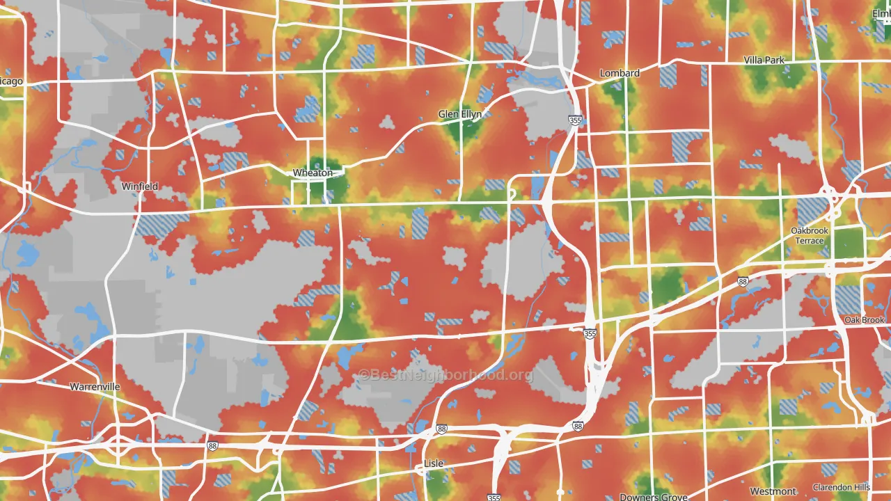 Walk Grade map of DuPage County, IL, walkable areas in green and car-dependent areas in red