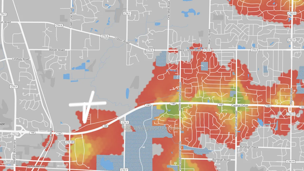 Walk Grade map of Duplainville, WI, walkable areas in green and car-dependent areas in red