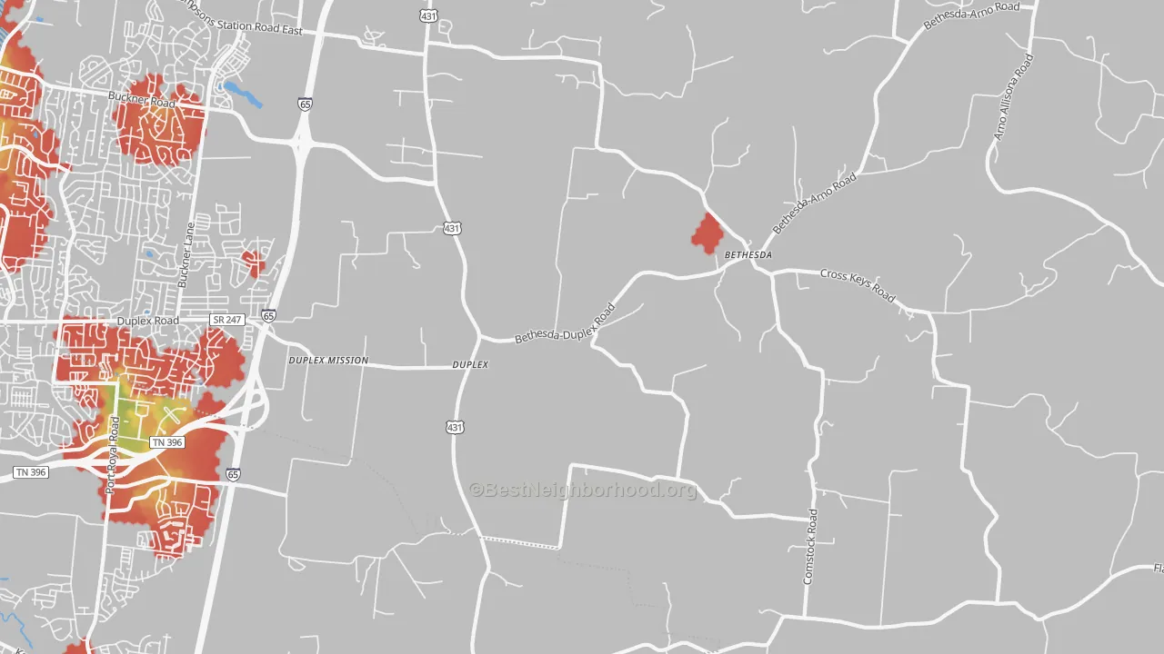 Walk Grade map of Duplex, TN, walkable areas in green and car-dependent areas in red