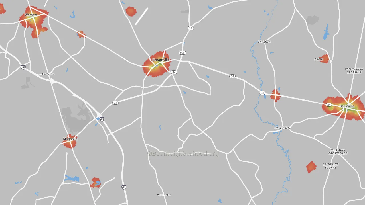 Walk Grade map of Duplin County, NC, walkable areas in green and car-dependent areas in red