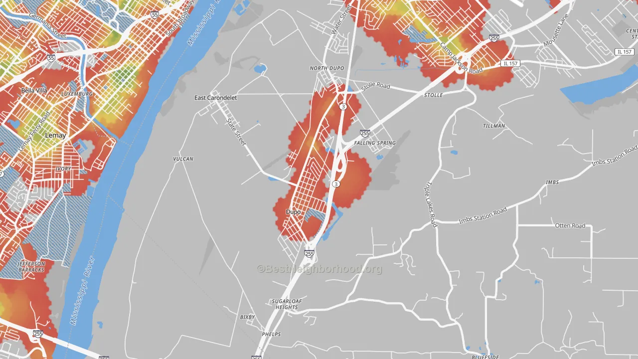 Walk Grade map of Dupo, IL, walkable areas in green and car-dependent areas in red