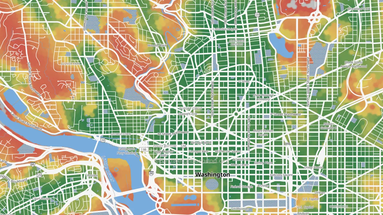 Walk Grade map of Dupont Circle, Washington, DC, walkable areas in green and car-dependent areas in red