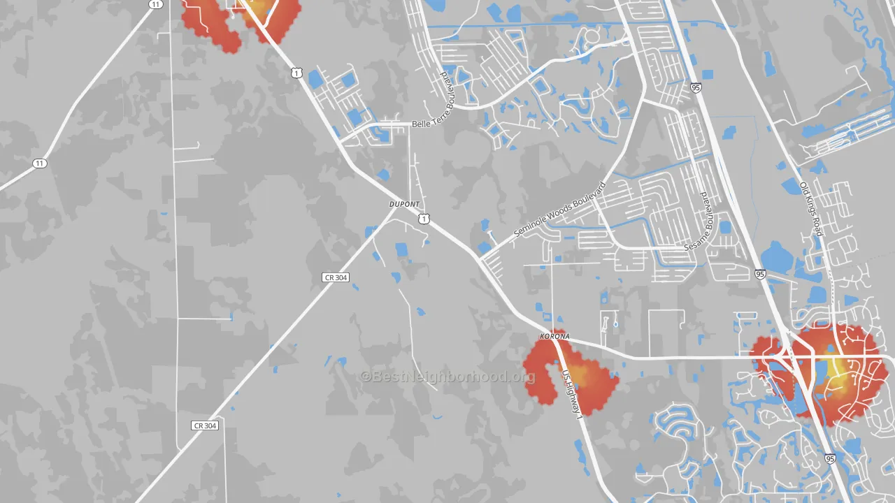 Walk Grade map of Dupont, FL, walkable areas in green and car-dependent areas in red