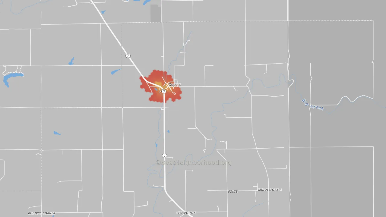Walk Grade map of Dupont, IN, walkable areas in green and car-dependent areas in red