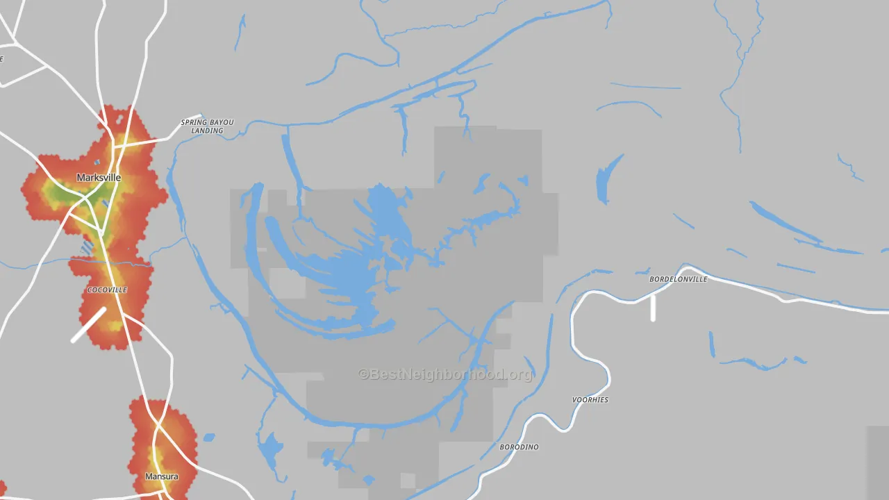 Walk Grade map of Dupont, LA, walkable areas in green and car-dependent areas in red