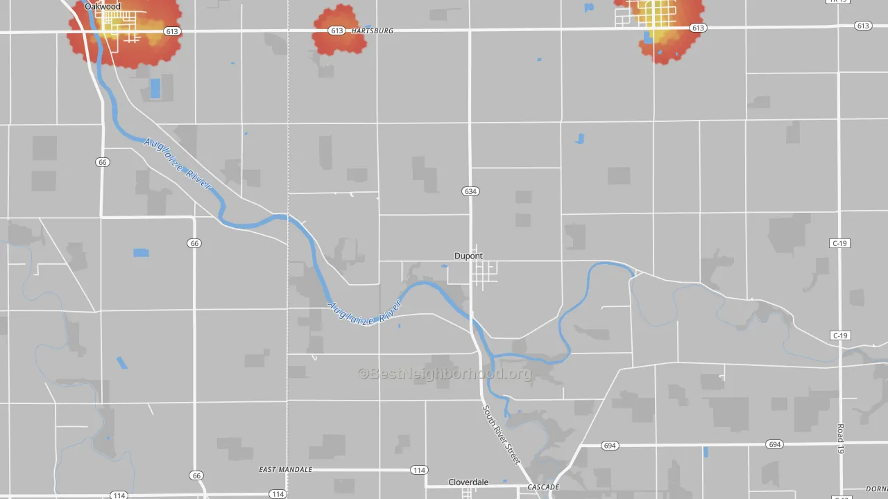 Walk Grade map of Dupont, OH, walkable areas in green and car-dependent areas in red