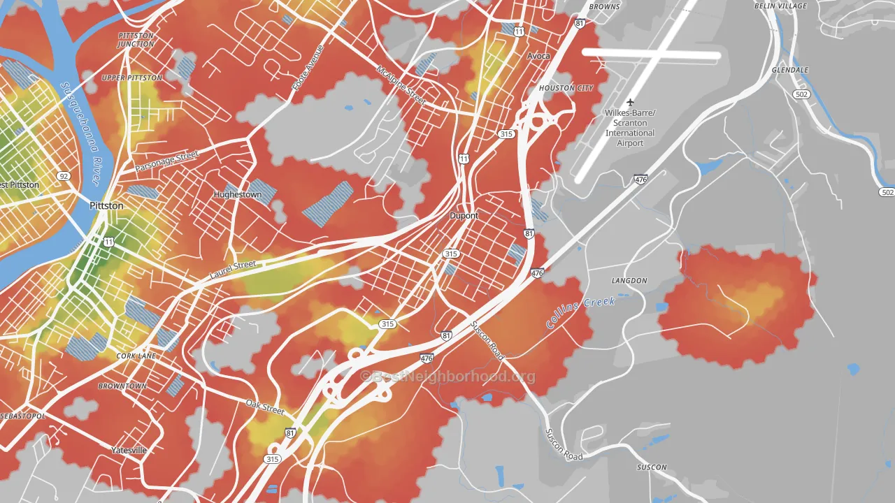 Walk Grade map of Dupont, PA, walkable areas in green and car-dependent areas in red