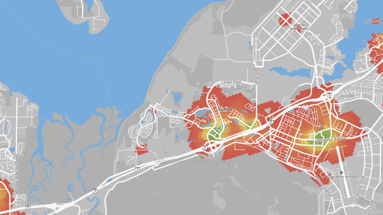 Walk Grade map of Dupont, WA, walkable areas in green and car-dependent areas in red