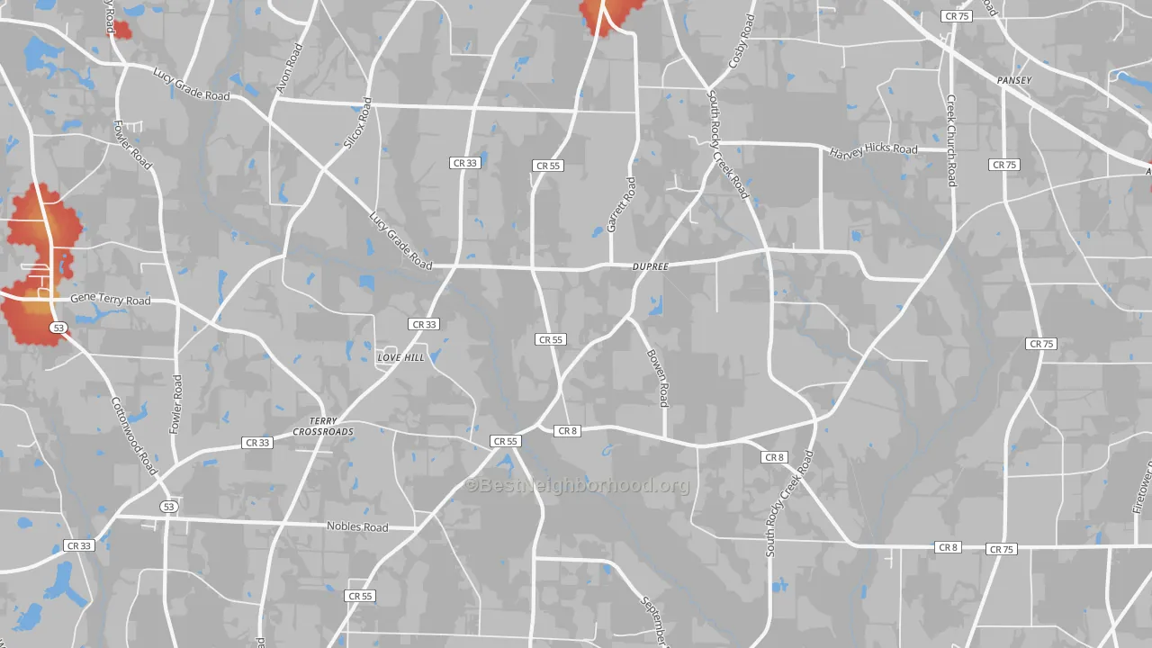 Walk Grade map of Dupree, AL, walkable areas in green and car-dependent areas in red