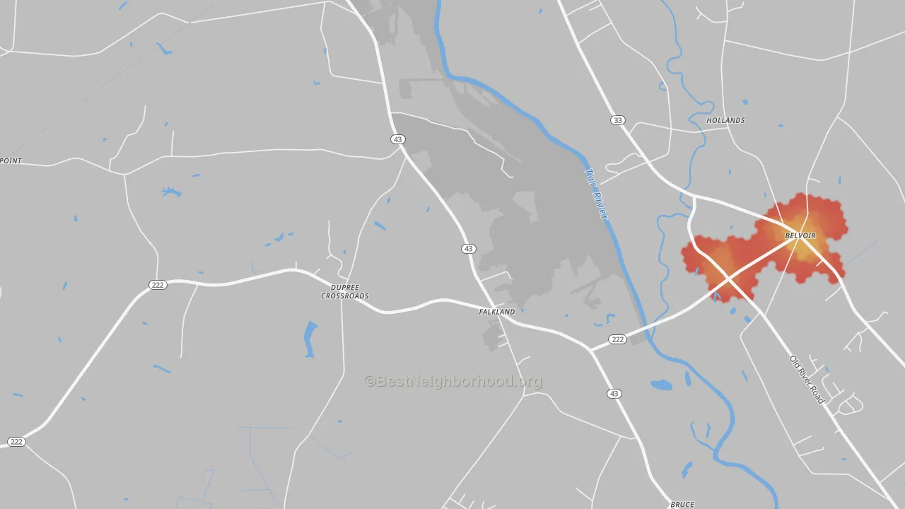 Walk Grade map of Dupree Crossroads, NC, walkable areas in green and car-dependent areas in red