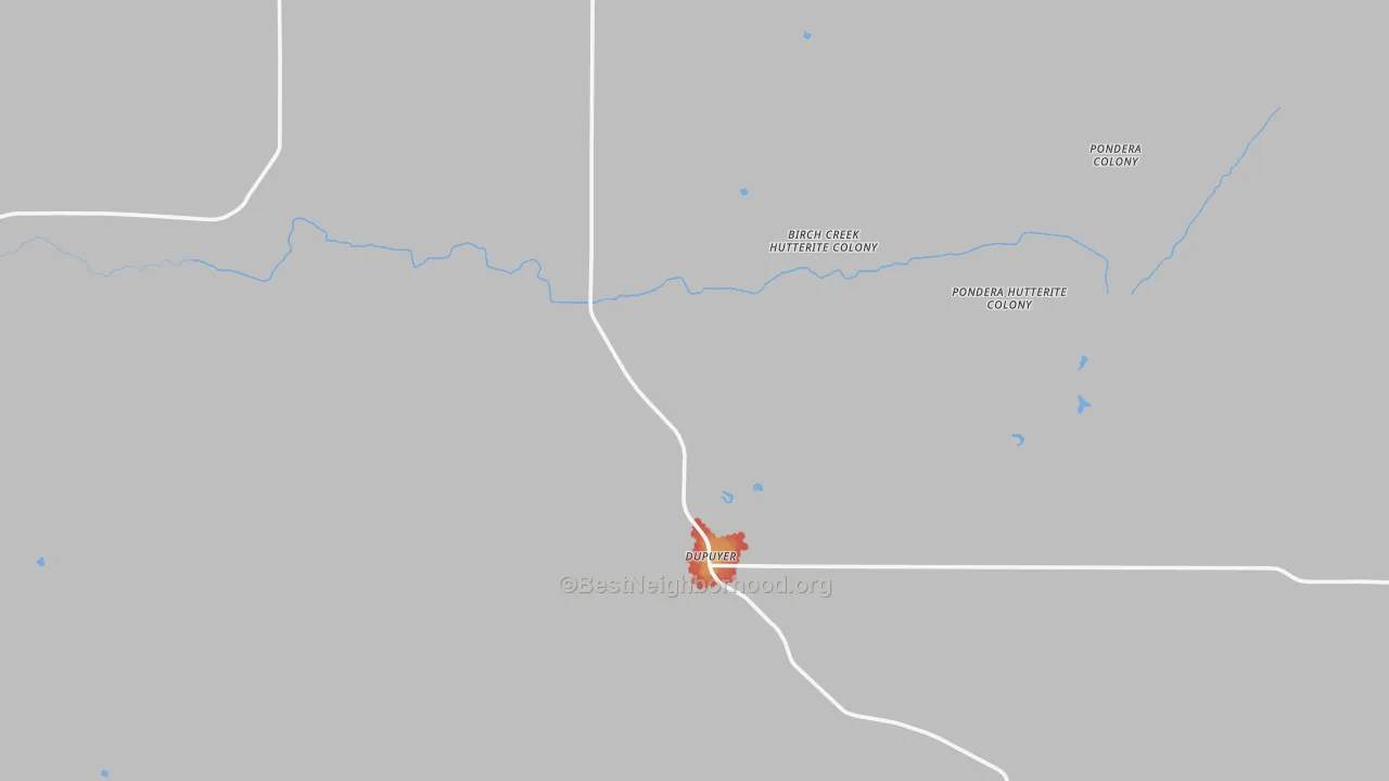 Walk Grade map of Dupuyer, MT, walkable areas in green and car-dependent areas in red
