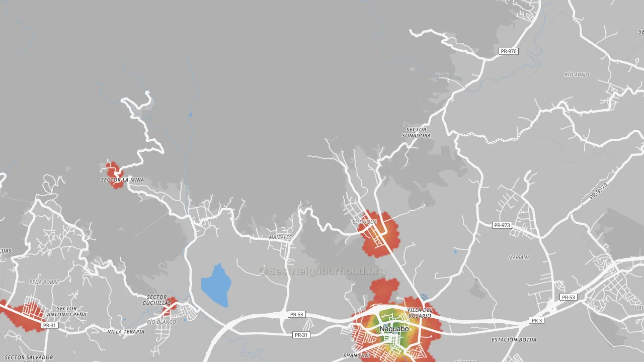 Walk Grade map of Duque, PR, walkable areas in green and car-dependent areas in red