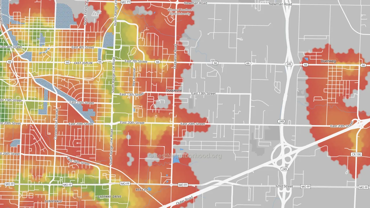 Walk Grade map of Duquesne, MO, walkable areas in green and car-dependent areas in red