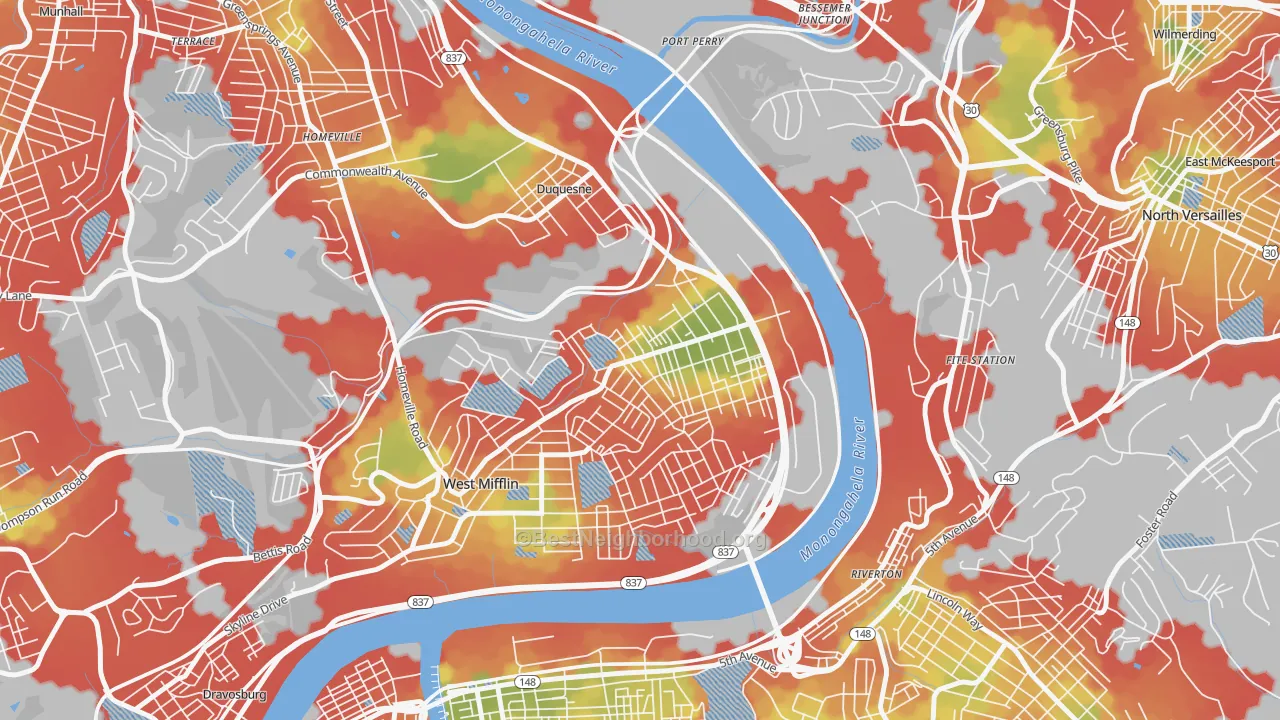 Walk Grade map of Duquesne, PA, walkable areas in green and car-dependent areas in red
