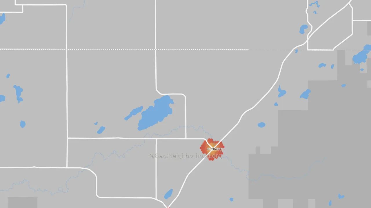 Walk Grade map of Duquette, MN, walkable areas in green and car-dependent areas in red