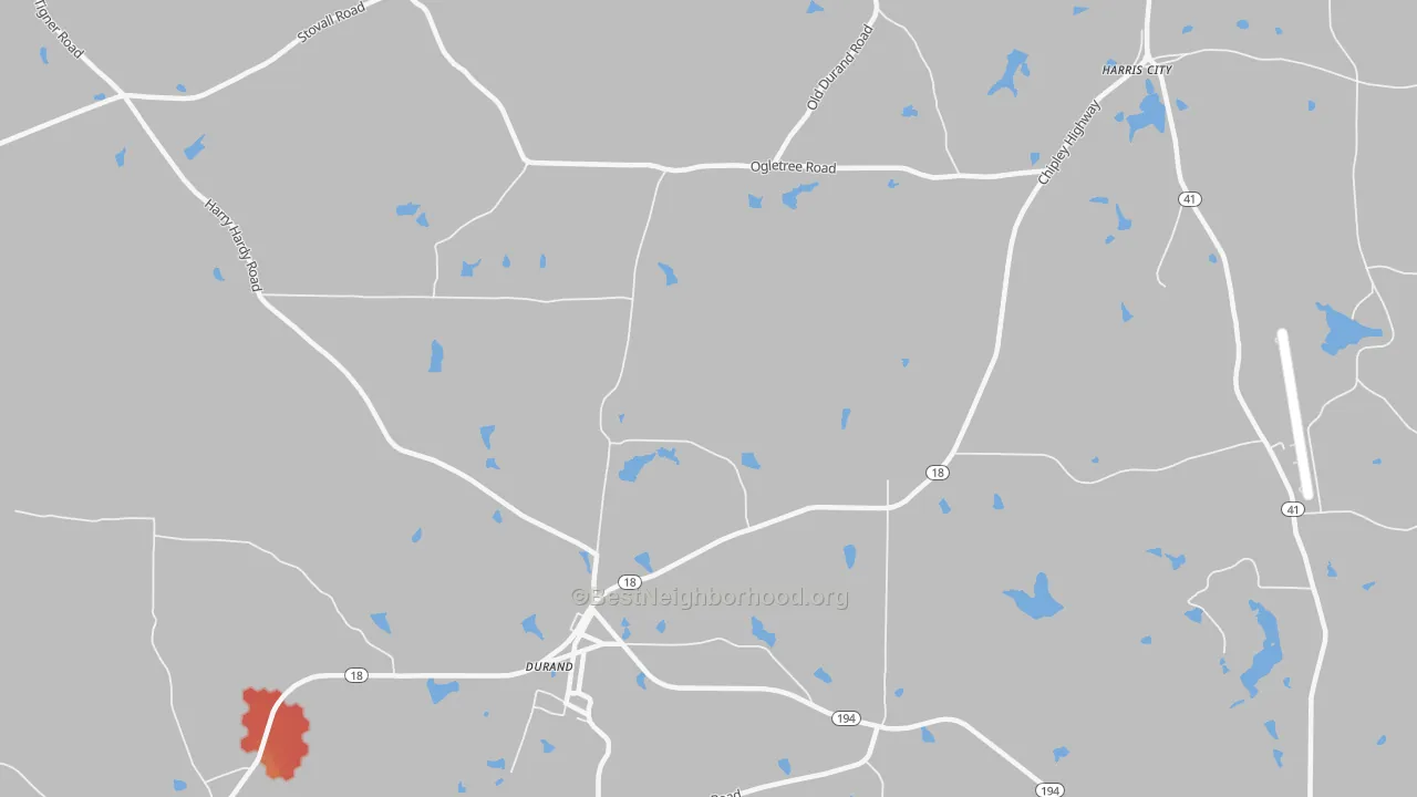 Walk Grade map of Durand, GA, walkable areas in green and car-dependent areas in red