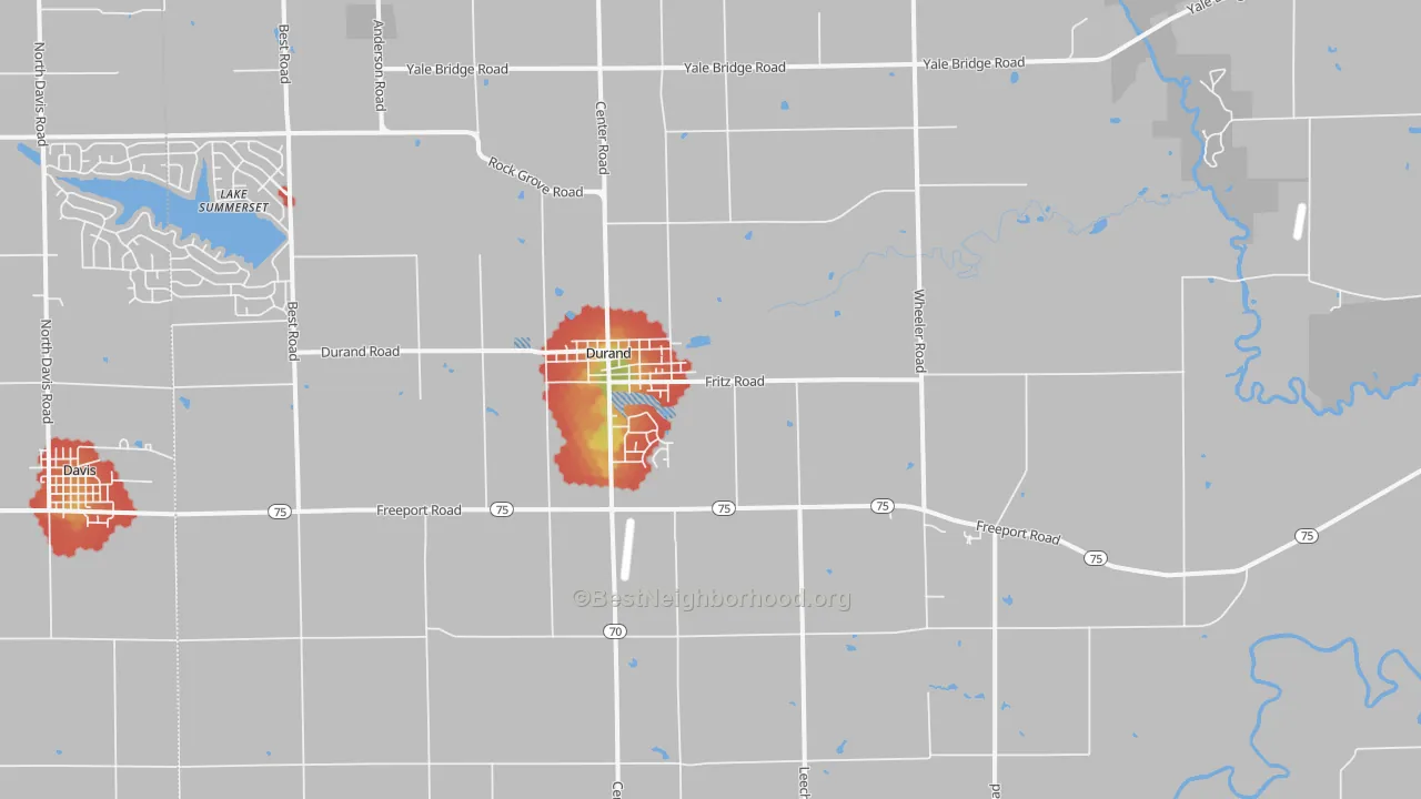 Walk Grade map of Durand, IL, walkable areas in green and car-dependent areas in red