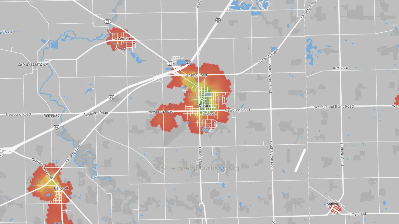 Walk Grade map of Durand, MI, walkable areas in green and car-dependent areas in red