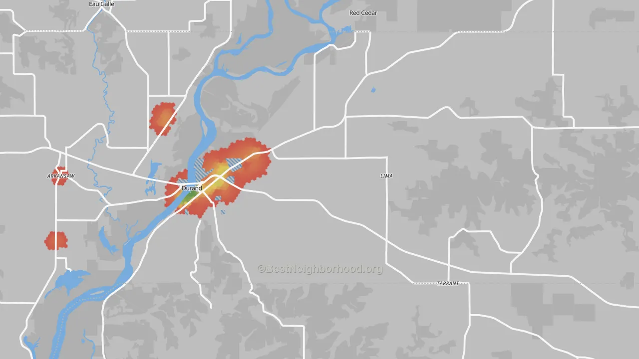 Walk Grade map of Durand, WI, walkable areas in green and car-dependent areas in red