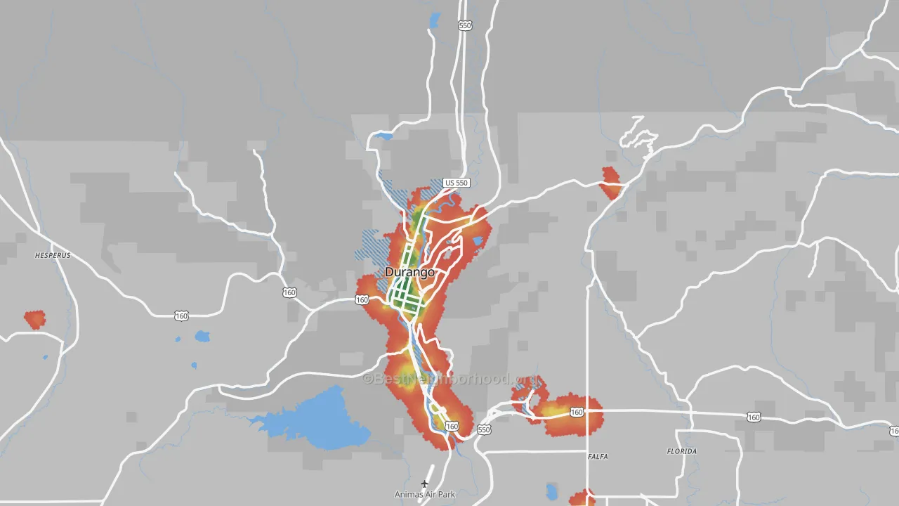Walk Grade map of Durango, CO, walkable areas in green and car-dependent areas in red