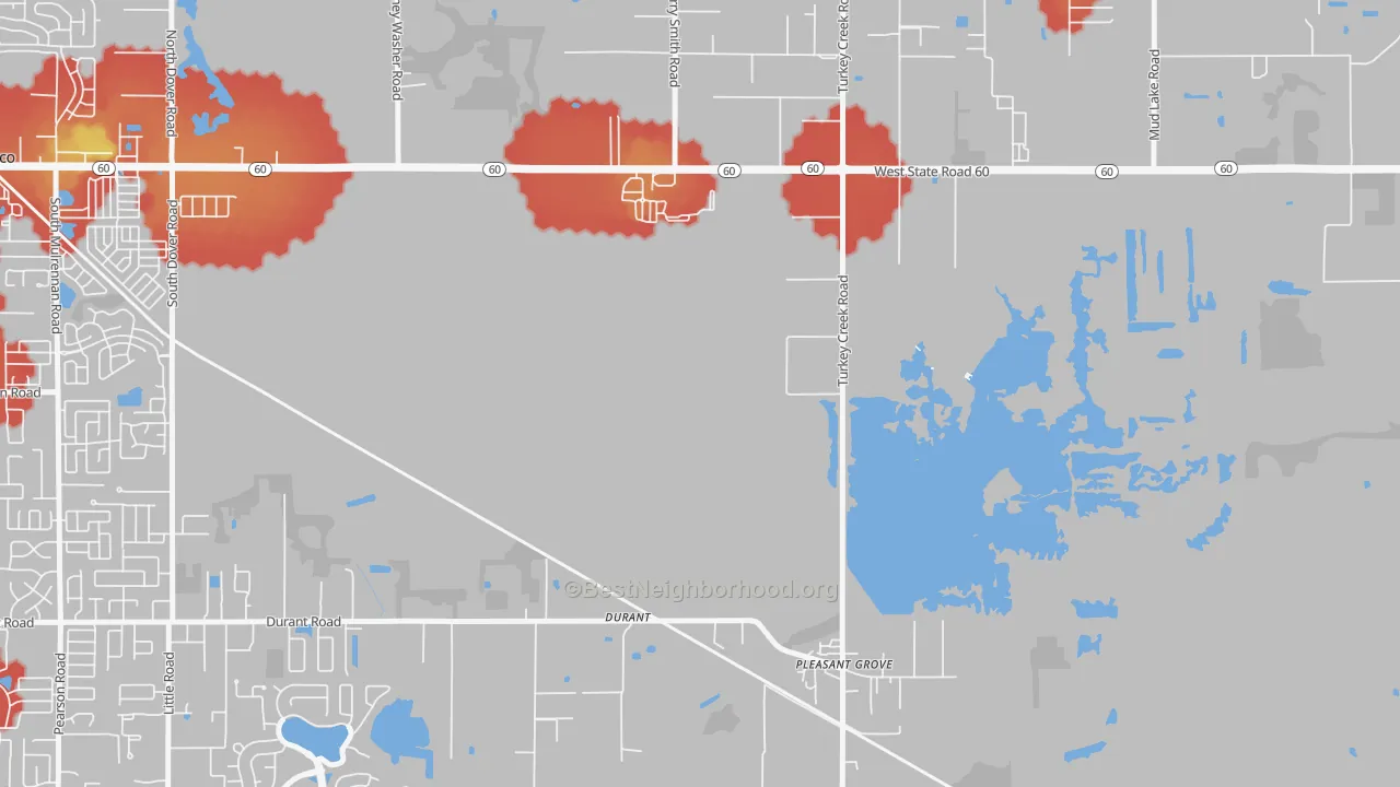 Walk Grade map of Durant, FL, walkable areas in green and car-dependent areas in red