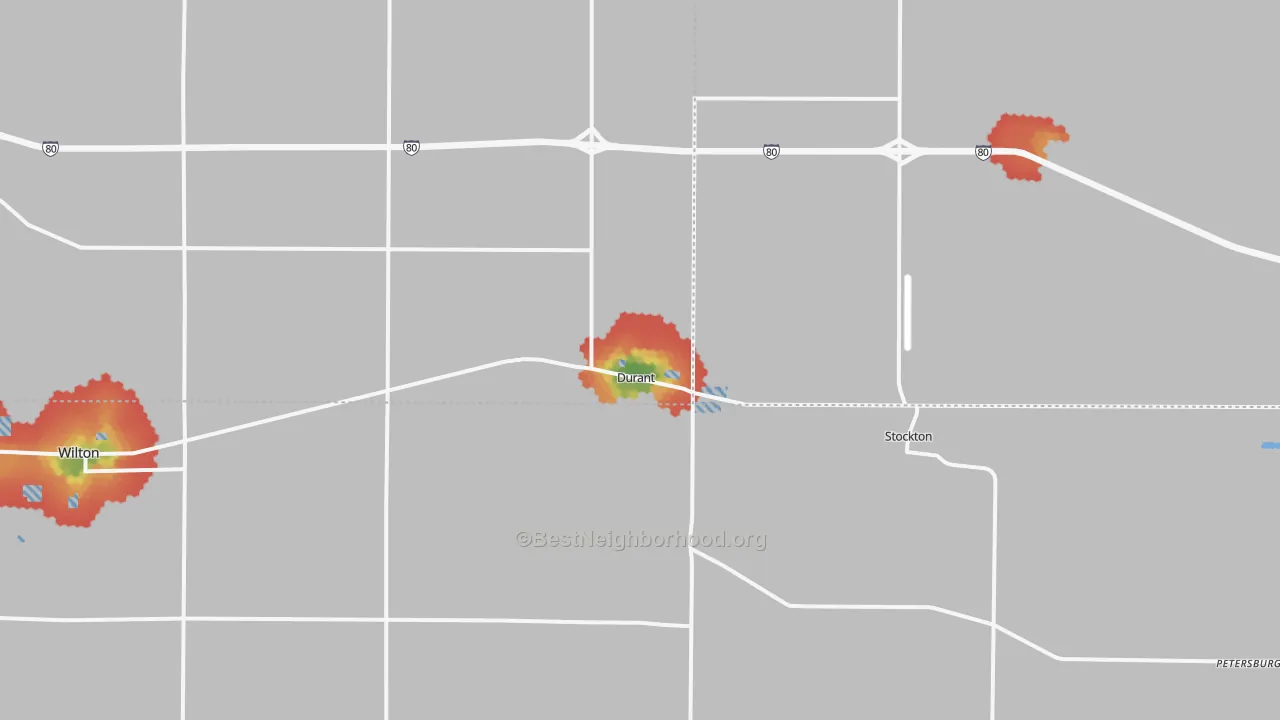 Walk Grade map of Durant, IA, walkable areas in green and car-dependent areas in red