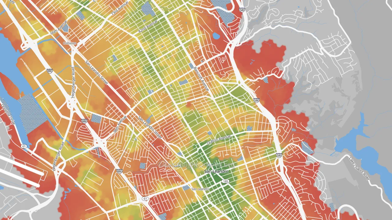 Walk Grade map of Durant Manor, Oakland, CA, walkable areas in green and car-dependent areas in red