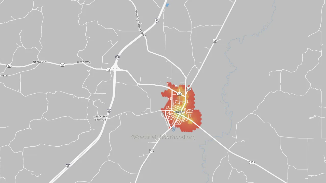 Walk Grade map of Durant, MS, walkable areas in green and car-dependent areas in red