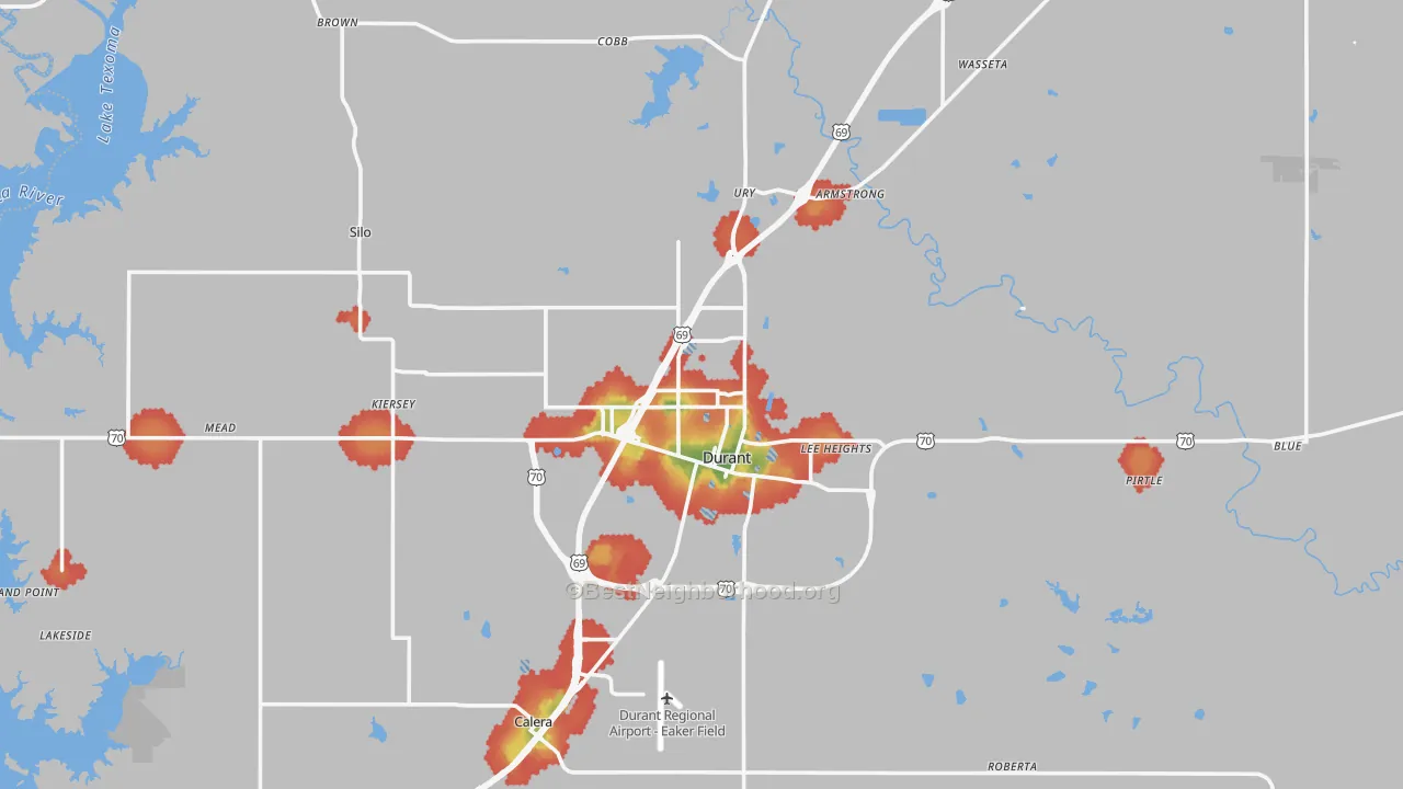 Walk Grade map of Durant, OK, walkable areas in green and car-dependent areas in red